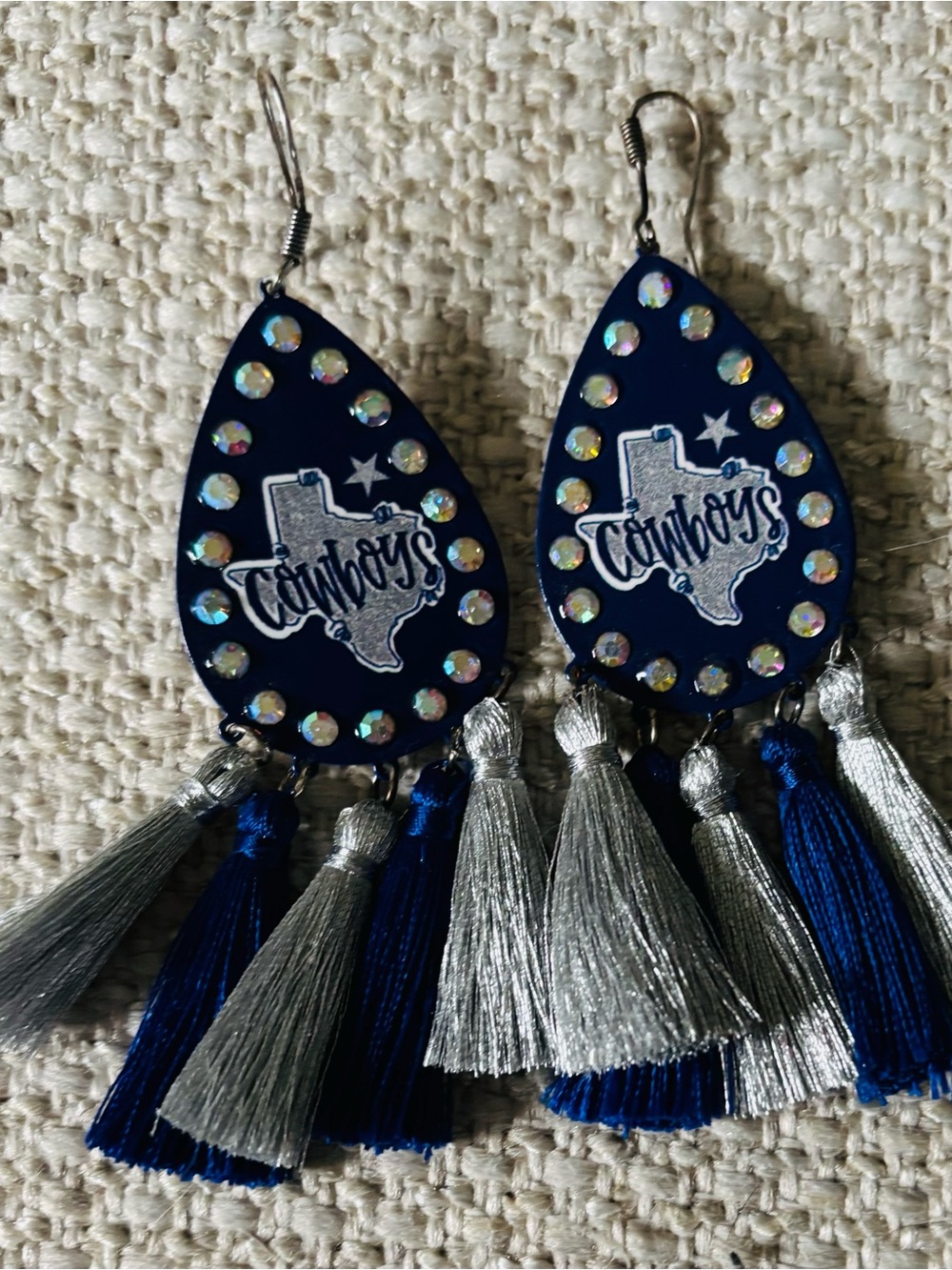Cowboys Navy and Silver Tassel Teardrop Earrings